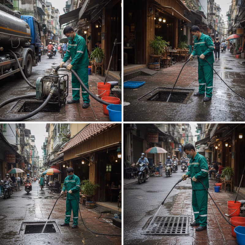 Thợ kỹ thuật đang kiểm tra và bảo dưỡng bẫy mỡ công nghiệp của nhà hàng