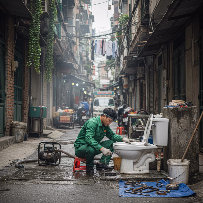 Thợ kỹ thuật đang kiểm tra và thay thế vòng đệm sáp của bồn cầu