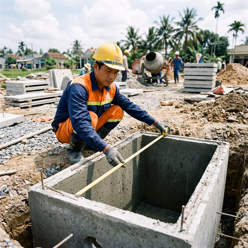 Thợ của Môi Trường Xanh đang kiểm tra hệ thống bể phốt bằng thiết bị hiện đại
