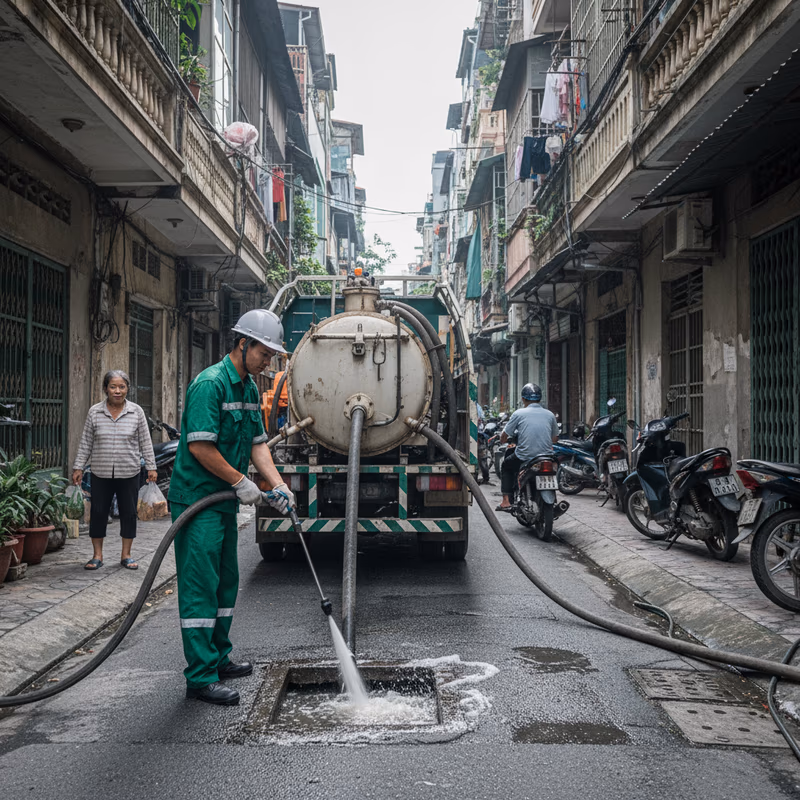 Kỹ thuật viên Môi Trường Xanh sử dụng máy lò xo thông tắc cống tại một nhà dân ở Hoài Đức