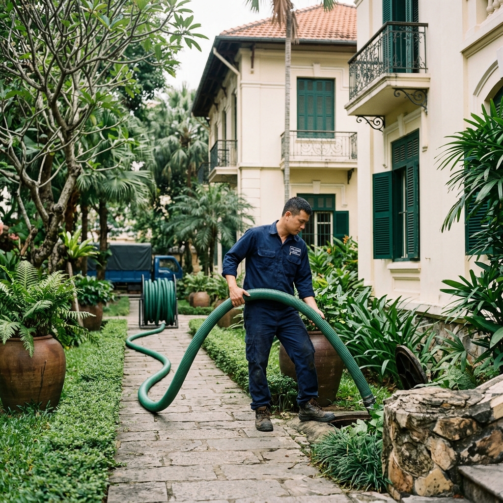 Hút bể phốt quận Ba Đình: xử lý biệt thự Pháp cổ và khu vực trọng điểm