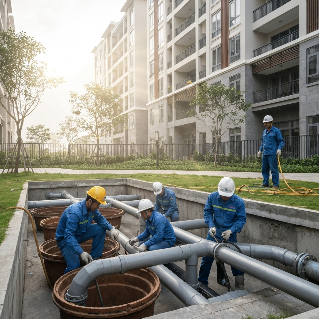 Kỹ thuật viên Môi Trường Xanh kiểm tra cống Goldmark City