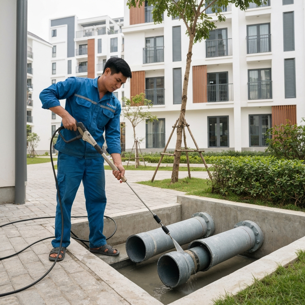 Thiết bị thông tắc cống hiện đại với mức tiếng ồn thấp, được sử dụng tại các khu đô thị cao cấp
