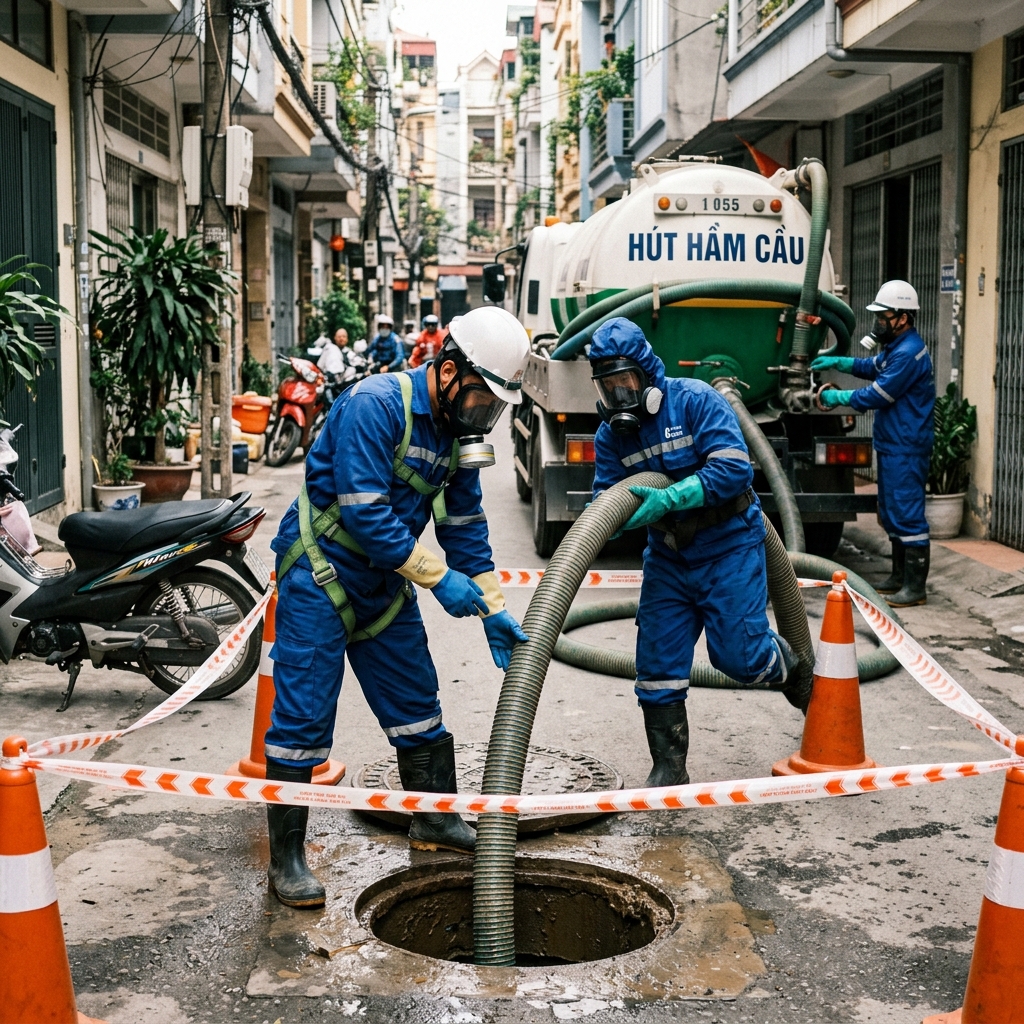 Đội chuyên nghiệp với đầy đủ thiết bị bảo hộ khi làm việc với bể phốt