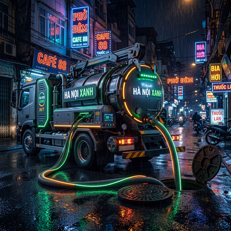 Môi Trường Xanh's specialized septic pumping truck fleet on standby in Cầu Giấy area - Committed to service within 15 minutes, prices starting from 86K