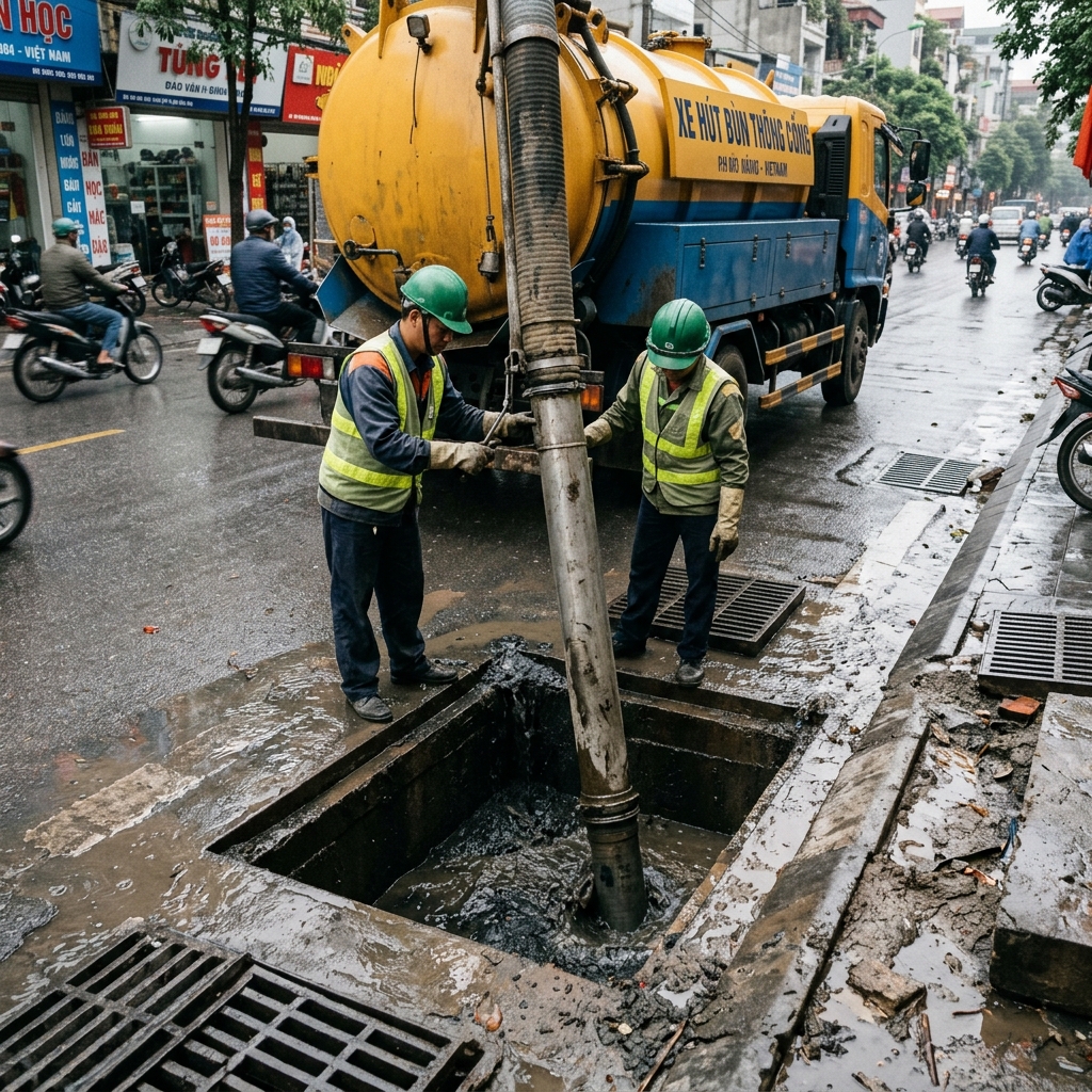 Modern manhole dredging equipment effectively handles major blockages in the Mễ Trì collective residential area - Committed to 15-minute resolution, prices starting from 86K