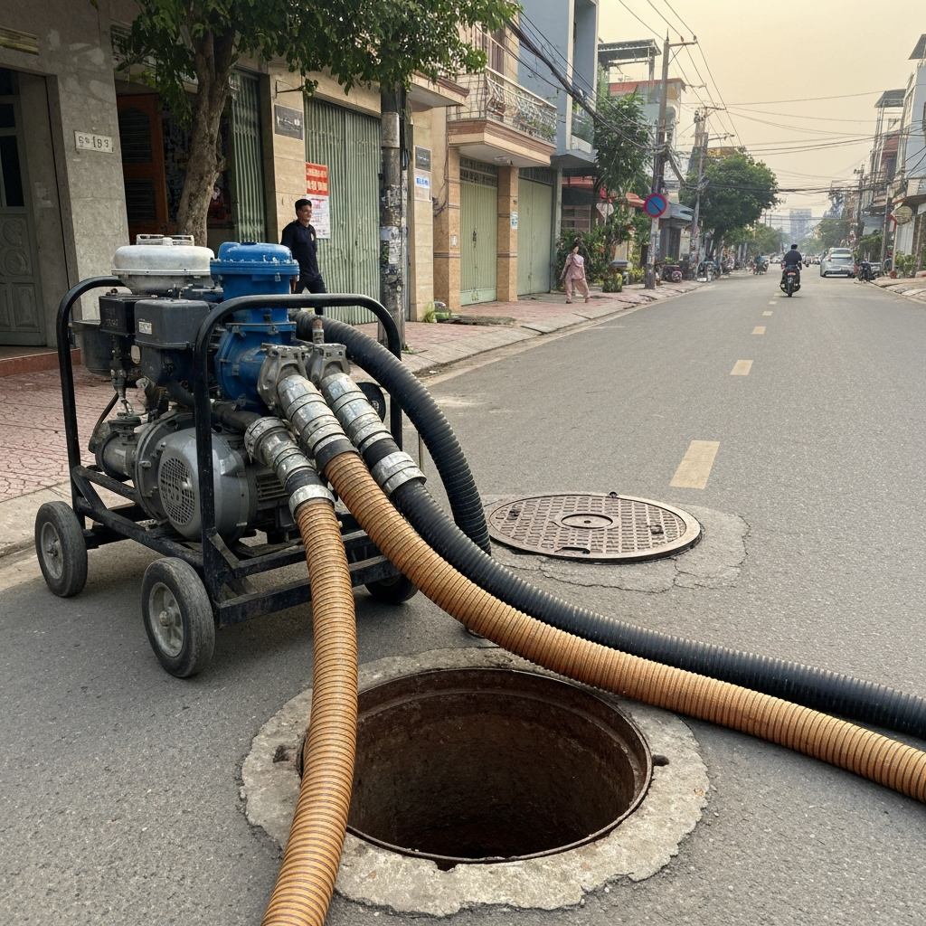 Môi Trường Xanh's specialized tank truck system backing deep into Thanh Xuân Bắc area - Committed to service within 15 minutes, prices starting from 86K