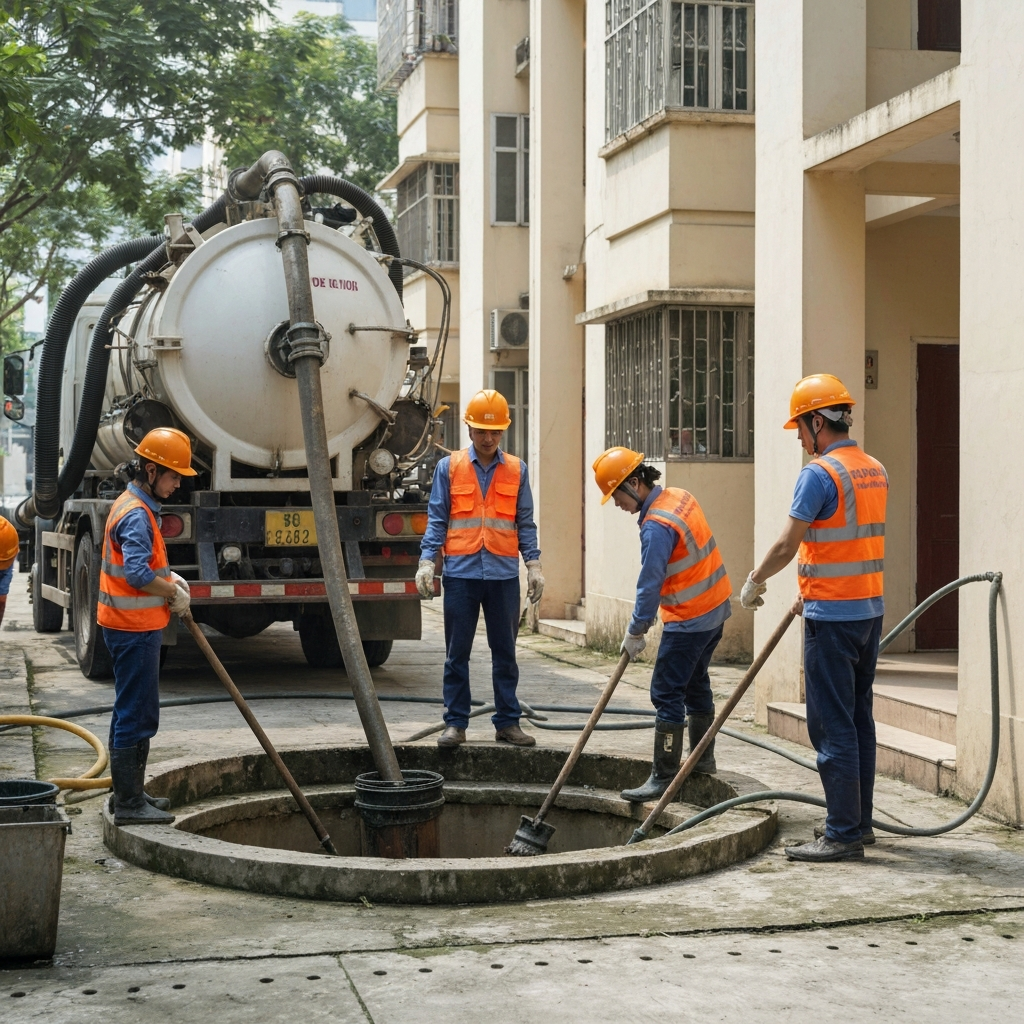 Môi Trường Xanh's high-pressure septic tank pumping truck working in Yen Hoa Ward residential area - Guaranteed service in 15 minutes, prices starting from 86K