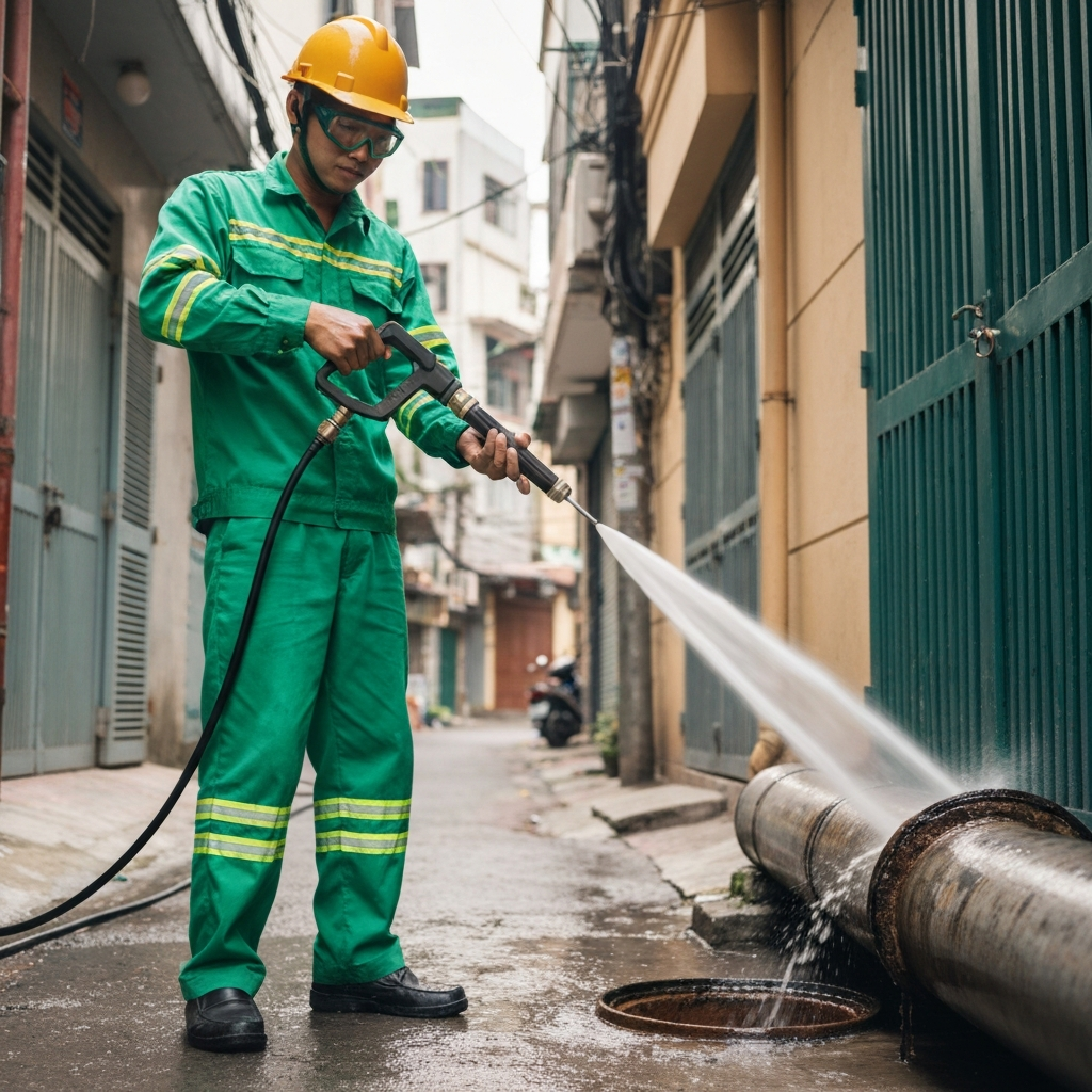 Môi Trường Xanh technicians use a nano spring machine to deeply penetrate and clear blockages in Mai Dịch alleyways - Guaranteed service in 15 minutes, prices starting from 86K