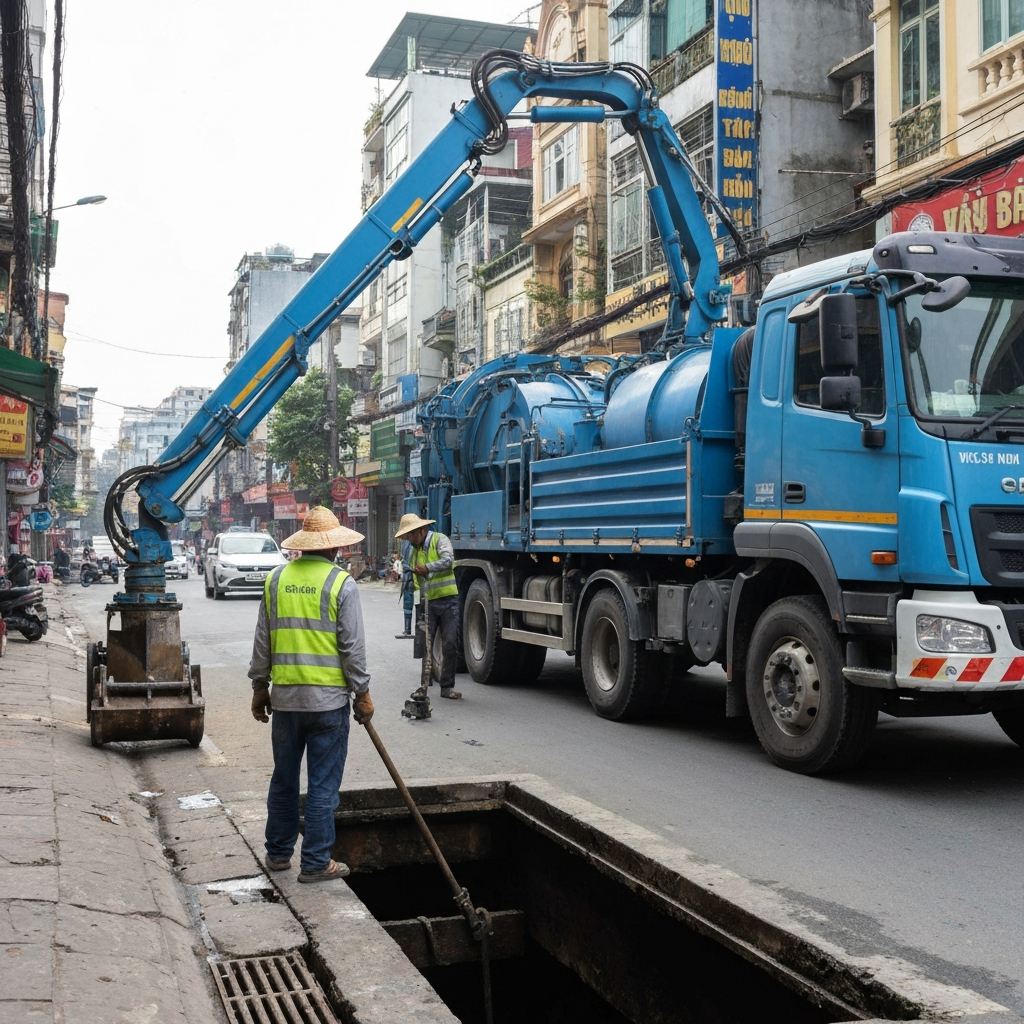 Moi Truong Xanh technicians performing drain unclogging with a spring machine at a Yen Hoa townhouse - Guaranteed service within 15 minutes, prices starting from 86K
