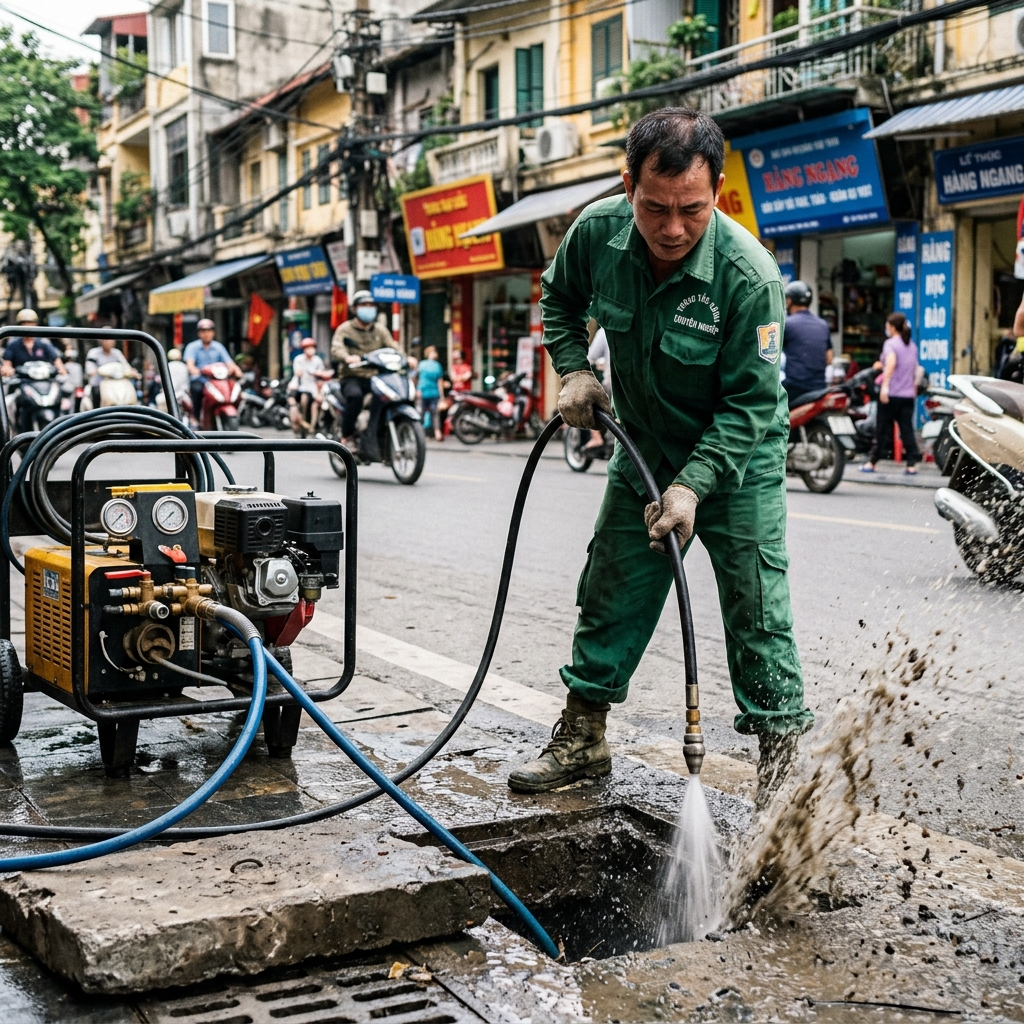 Moi Truong Xanh specialist operating a spring machine to clear a toilet for a villa in Quang An - Guaranteed service within 15 minutes, prices starting from 86K