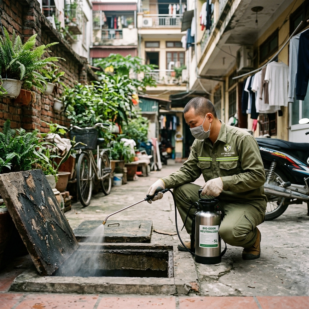 Technicians using a biological odor neutralizer spray machine to ensure a fresh-smelling bathroom after unclogging - Guaranteed service within 15 minutes, prices starting from 86K